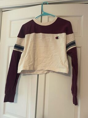 Champion Maroon and Cream Colorblock Cropped Sweatshirt